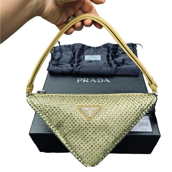 PRADA***Gold Crystal Pineapple Yellow Satin Triangle Bag***$2600 NWB - Picture 2 of 13
